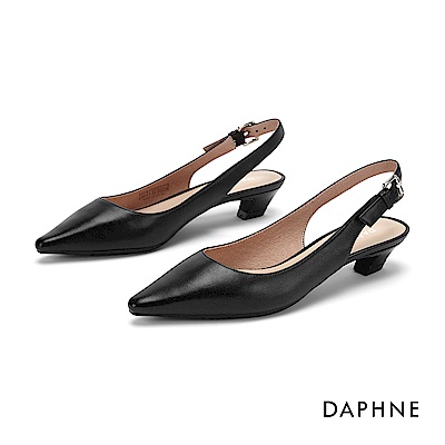 達芙妮DAPHNE 低跟鞋-質感真皮純色縷空尖頭粗跟鞋-黑