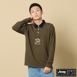 JEEP 男裝 山岳圖騰刺繡休閒長袖POLO衫-軍綠