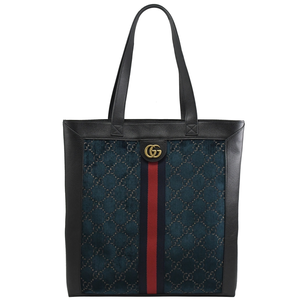 GUCCI 金屬LOGO天鵝絨拼接牛皮直式肩背托特包(黑/墨綠)