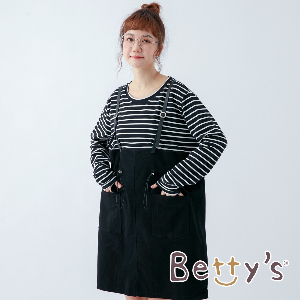 betty’s貝蒂思　長版吊帶條紋顯瘦洋裝(黑色)