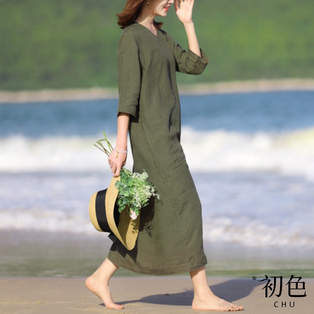 初色 大碼寬鬆素色V領棉麻風五分短袖連身裙洋裝-亞麻綠-67320(M-2XL可選)