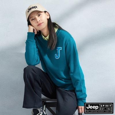 JEEP 女裝 品牌LOGO立體貼布繡大學T-藍綠色