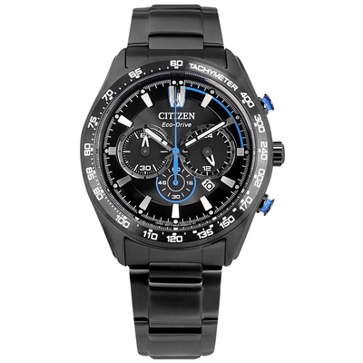 CITIZEN 光動能 潮流時尚 三眼計時 日期 防水 不鏽鋼手錶-鍍黑/43mm
