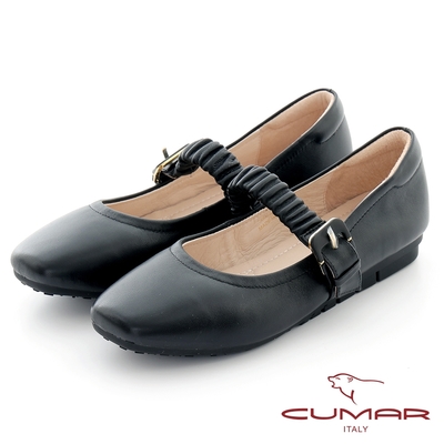 【CUMAR】時髦小方頭蓬鬆皺褶腳背帶瑪莉珍平底鞋-黑