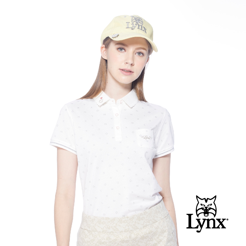 【Lynx Golf】女款吸排抗UV涼感小胸袋Lynx字樣印花短袖POLO衫/高爾夫球衫-白色