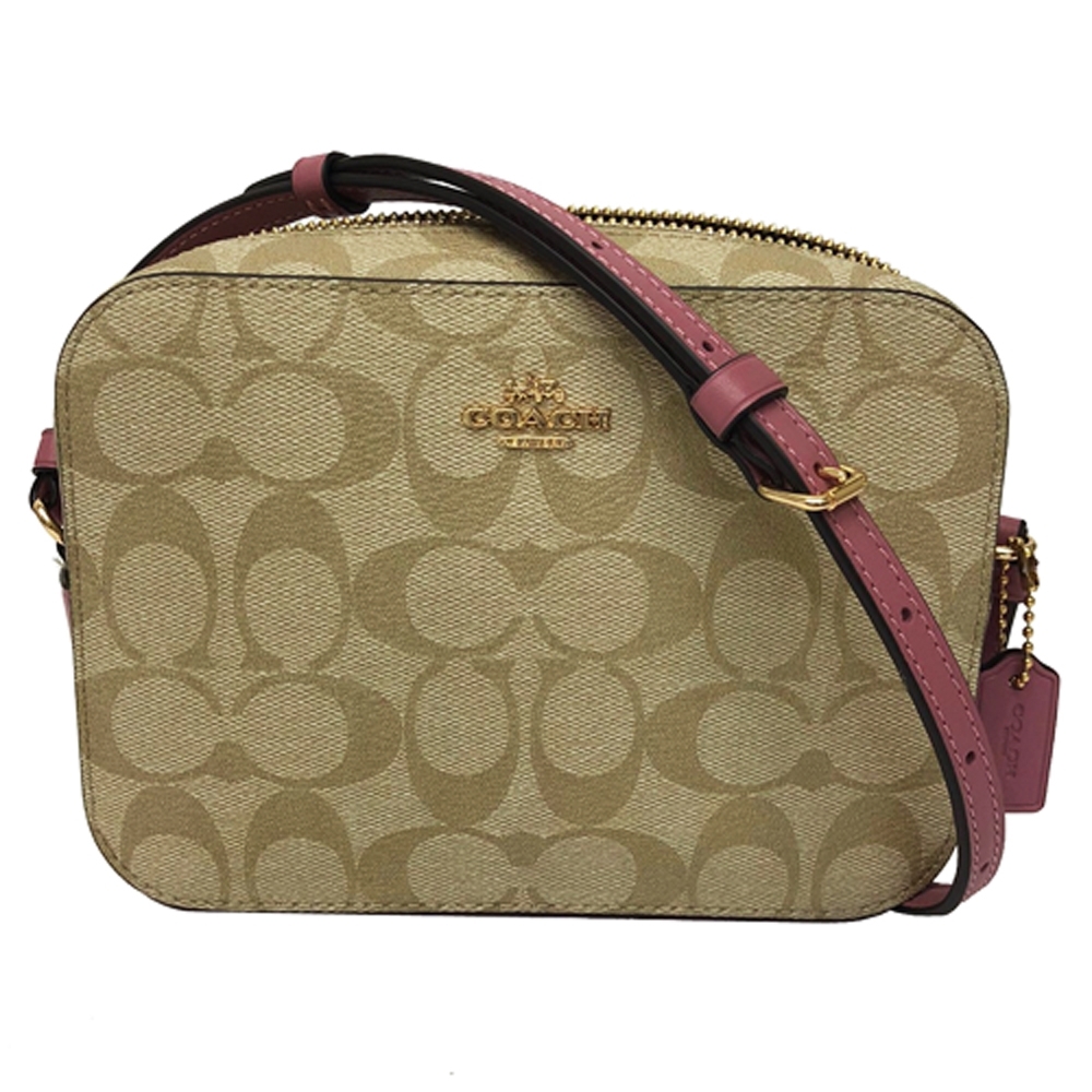 COACH 經典LOGO斜背包/相機包(小款/米白/粉紫)