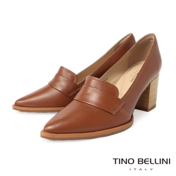 Tino Bellini 巴西進口優雅復刻牛皮尖楦樂福粗跟鞋-棕