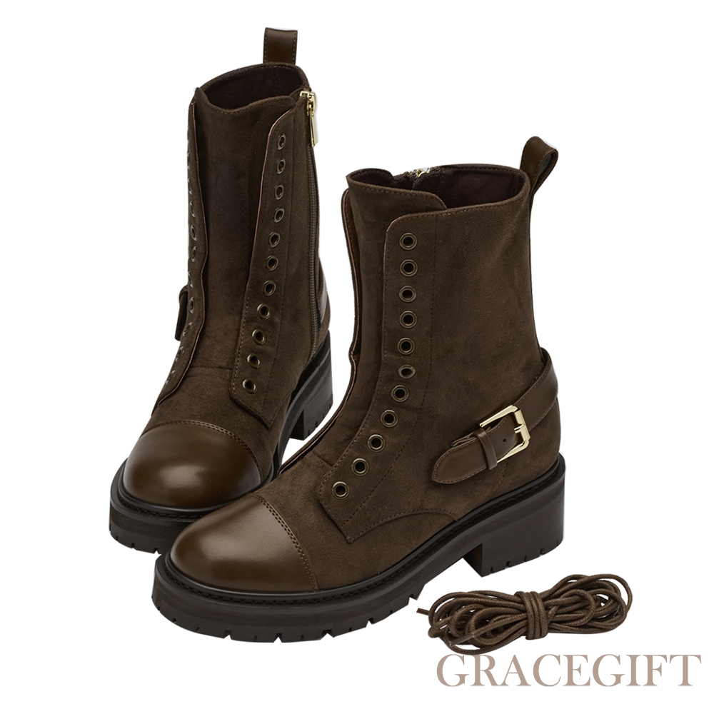 【Grace Gift】玄玄聯名-非凡細節厚底綁帶騎士靴 咖