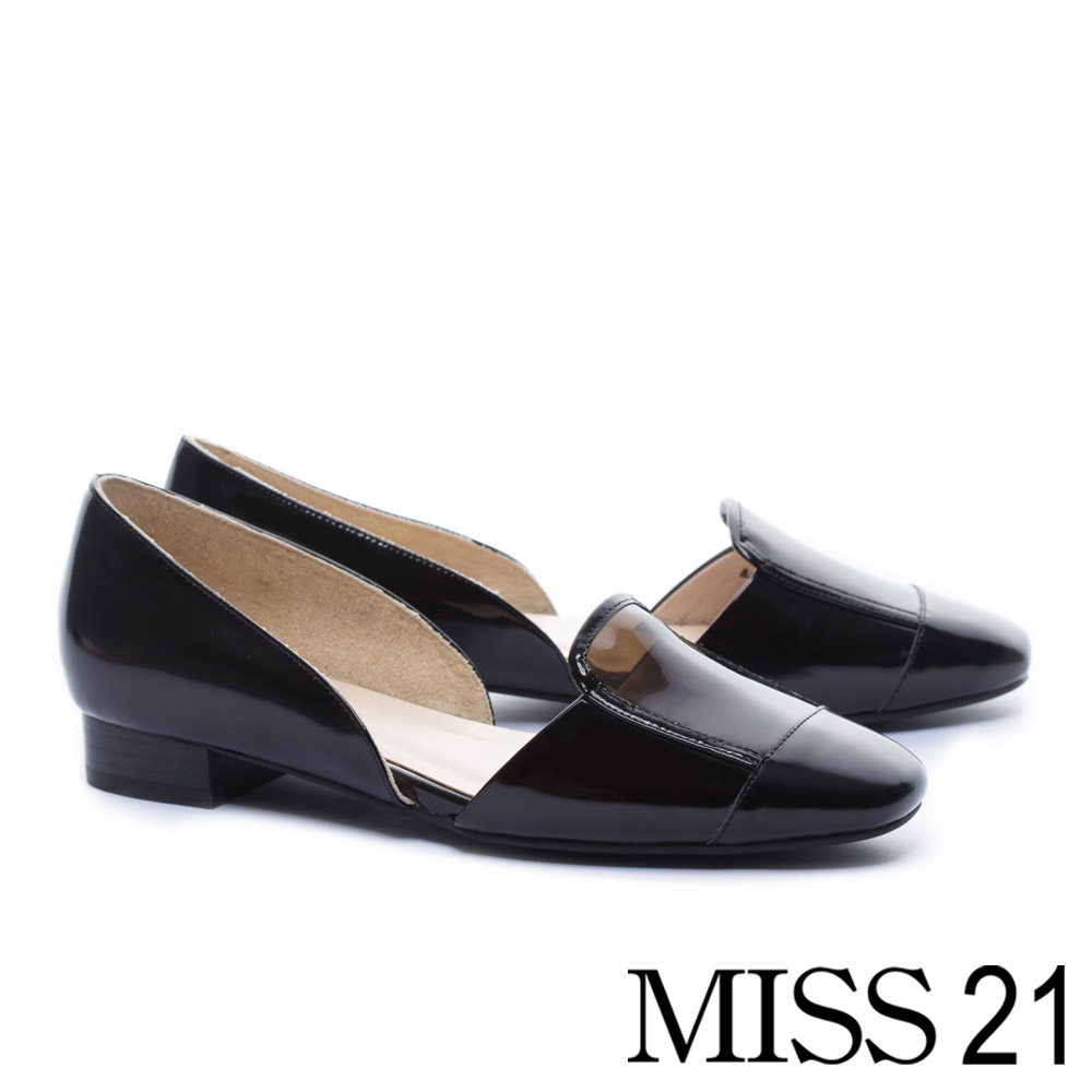 低跟鞋 MISS 21 時髦視覺真皮拼接設計低跟鞋－黑