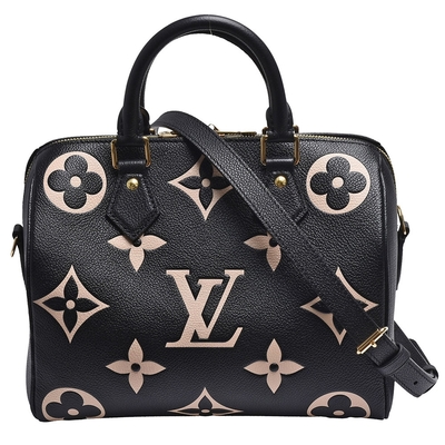 LV Louis Vuitton路易威登 M58947經典SPEEDY BANDOULIÈRE 25 Empreinte壓花牛皮手提/斜背波士頓包(黑色)