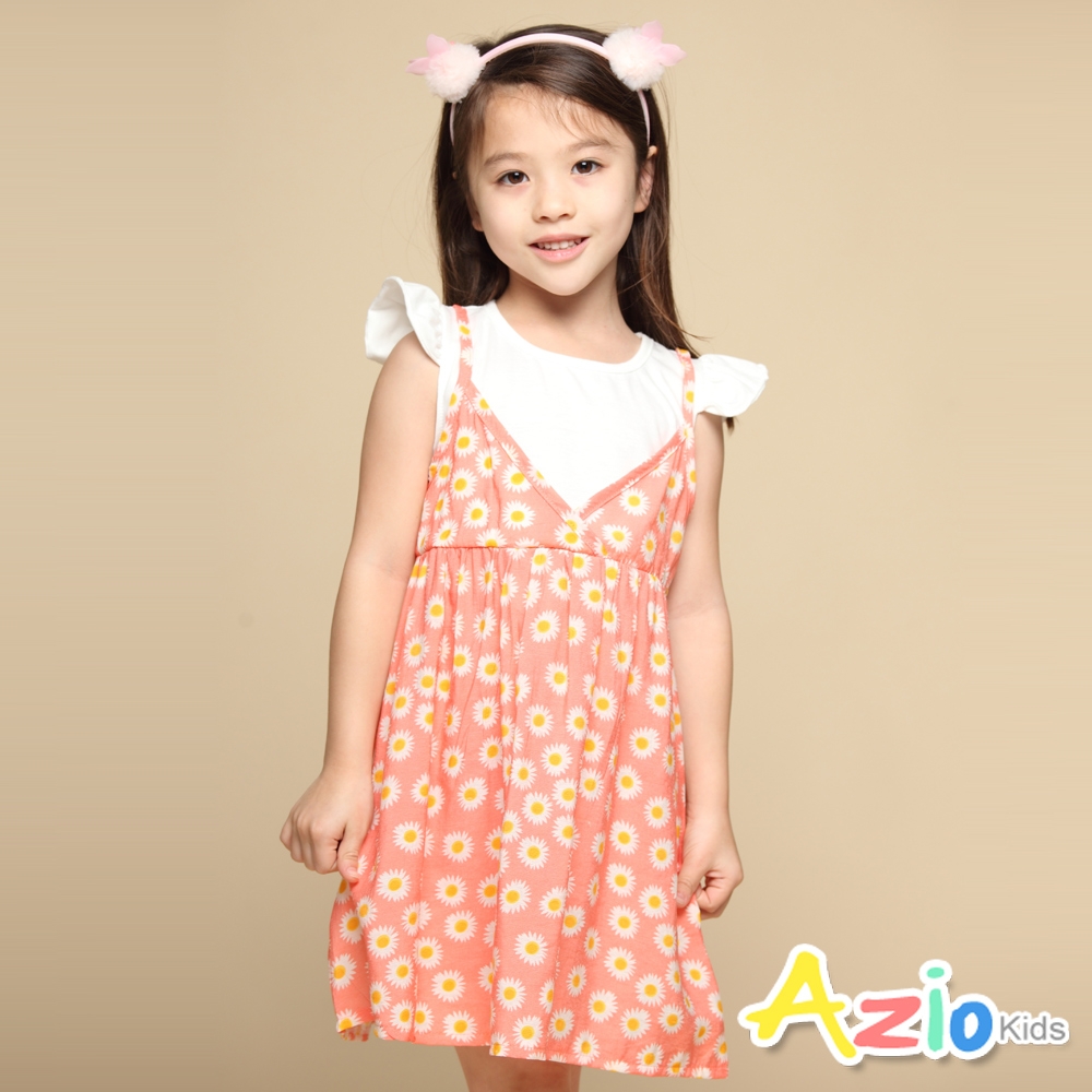 Azio kids美國派 女童 洋裝 滿版小白花假兩件荷葉短袖洋裝(粉)