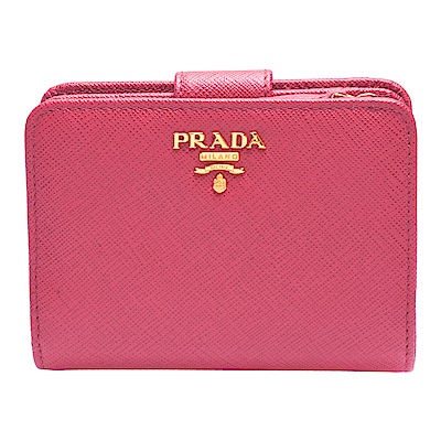 PRADA SAFFIANO METAL經典金色金屬浮雕LOGO防刮牛皮暗釦短夾(桃紅)