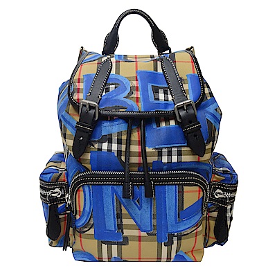 BURBERRY THE RUCKSACK 系列塗鴉格紋帆布中款後背包(藍色)