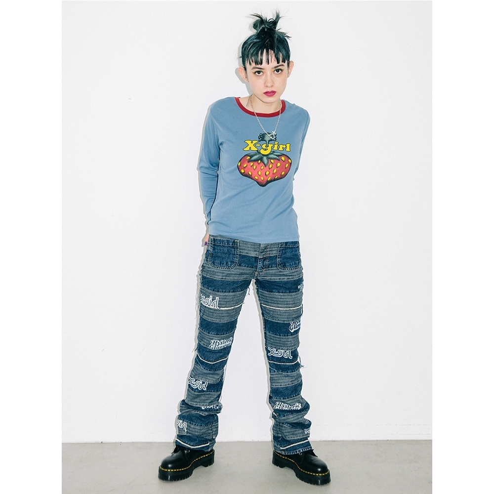 X-girl × HYSTERIC GLAMOUR BERRY L/S BABY聯名長袖T恤-藍| Yahoo奇摩