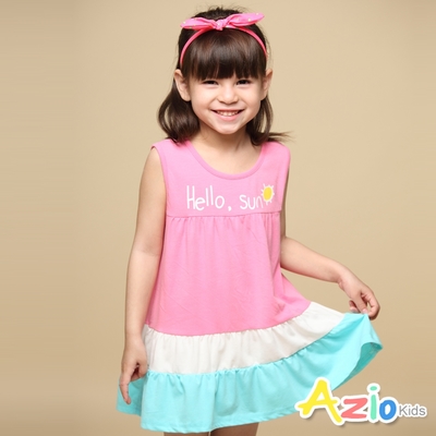 Azio kids美國派 女童 洋裝 字母印花撞色接片無袖洋裝(桃)