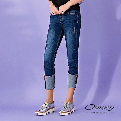 OUWEY歐薇 車線裝飾反褶牛仔窄管褲(藍)