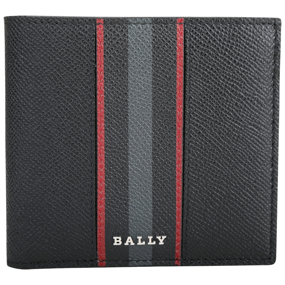 BALLY Brasai 撞色條紋壓紋牛皮八卡短夾(黑色)