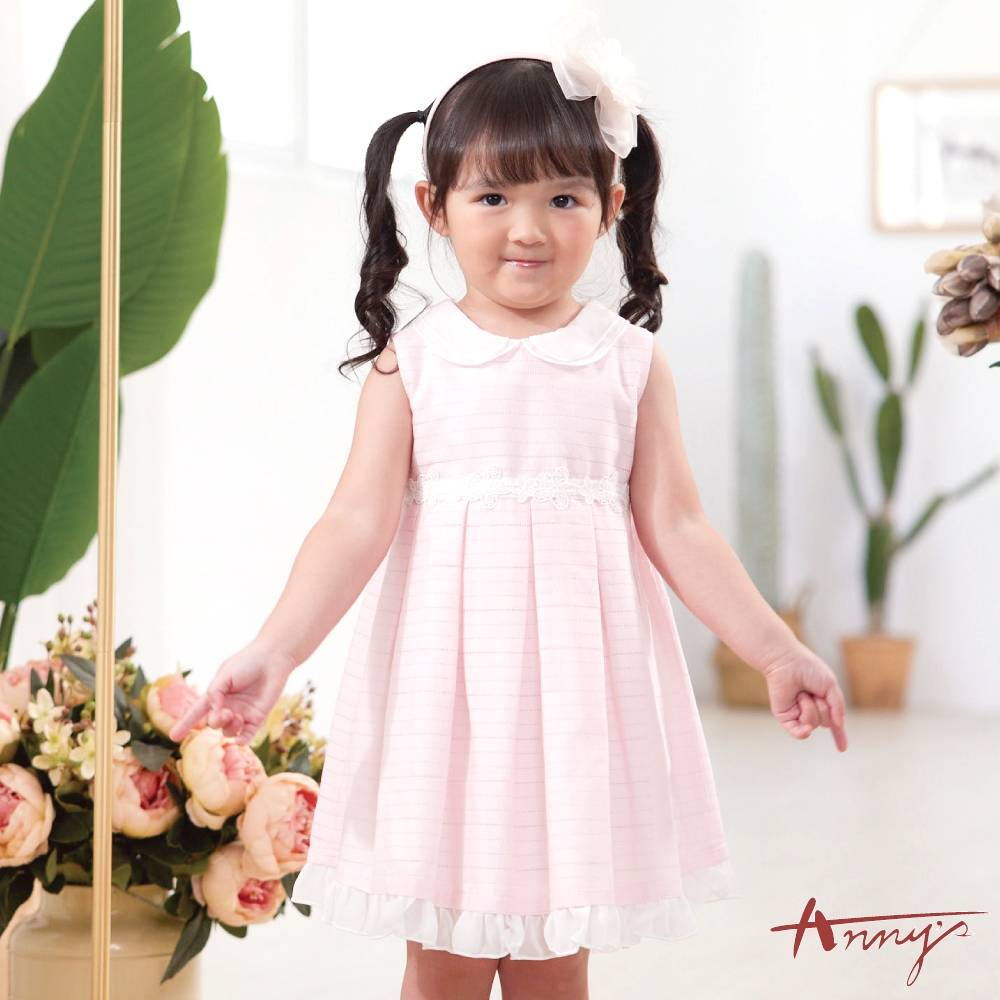 Annys安妮公主-精緻雕花腰帶雙層圓領拼接春夏款無袖橫條洋裝*1516粉紅