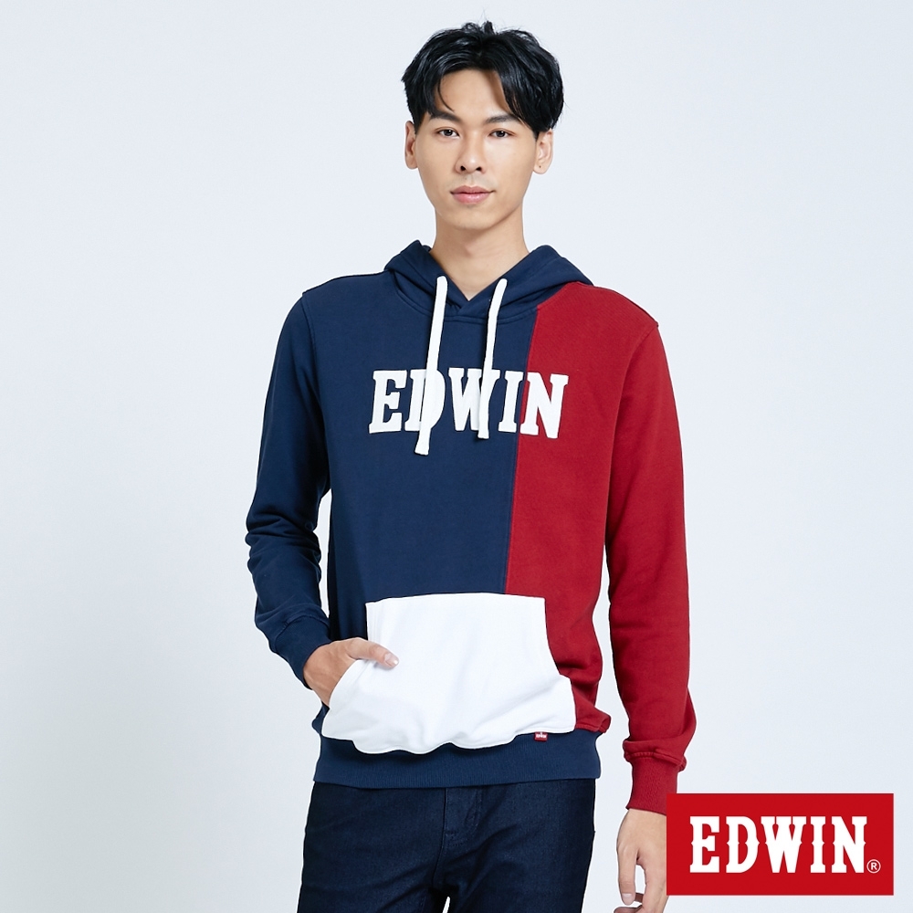 EDWIN 復古撞色貼布繡 厚連帽T恤-男-丈青