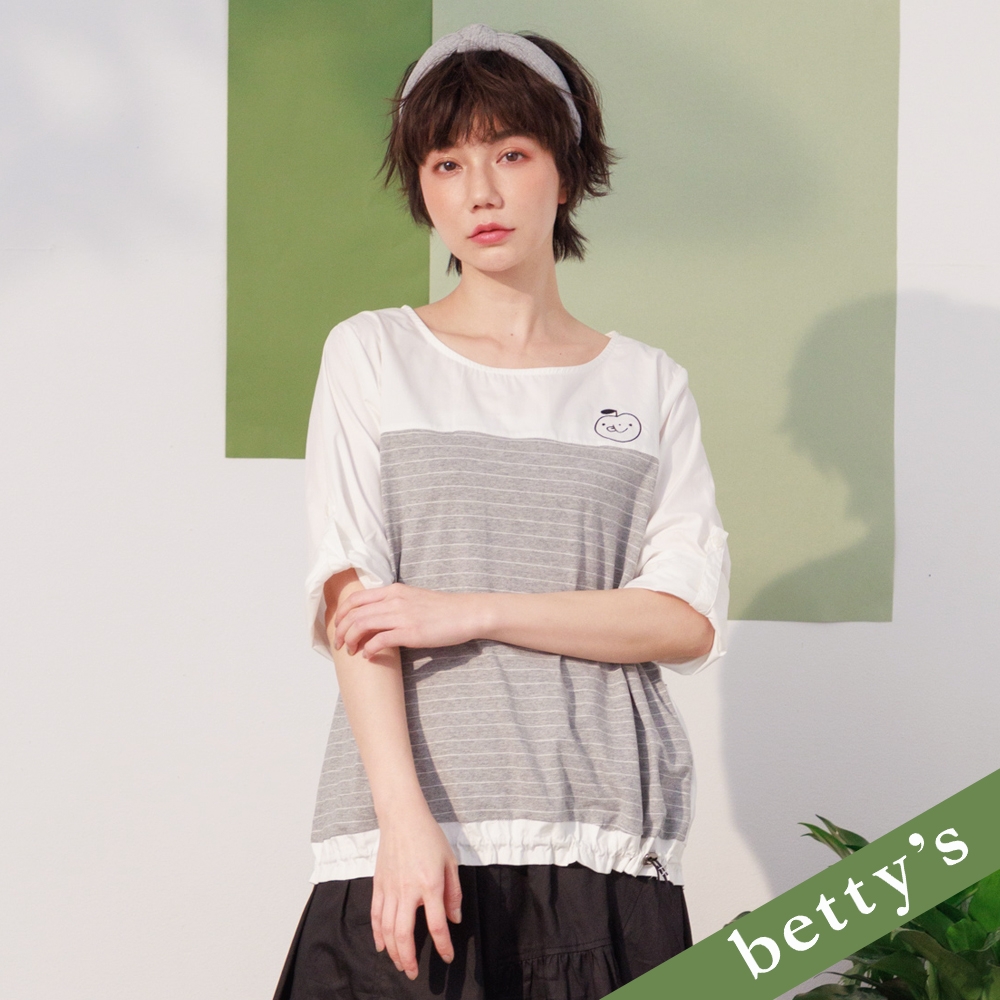 betty’s貝蒂思　條紋拼接下擺抽繩T-shirt(白灰色)