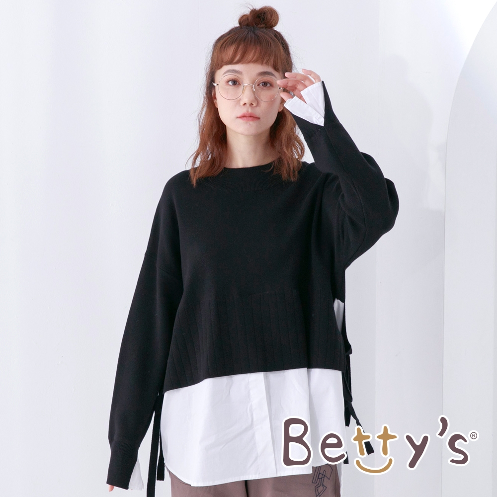 betty’s貝蒂思　假兩件拼接素布長版毛衣(黑色)