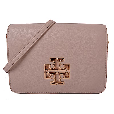 TORY BURCH BRITTEN 鏤空大LOGO掀蓋式荔枝紋鍊帶斜背包-芭蕾粉