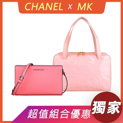 展示品 CHANEL 雙C縫線三LOGO漆皮拉鍊手提肩背包(粉紅)+MK