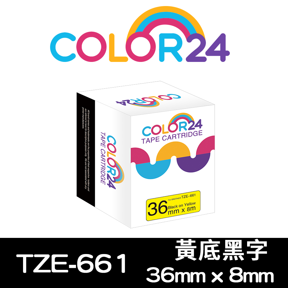 Color24 for Brother TZe-661 黃底黑字相容標籤帶(寬度36mm)