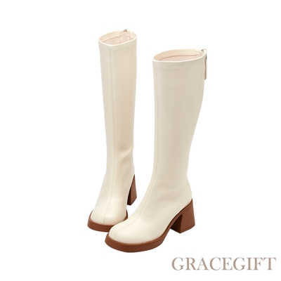 【Grace Gift】THREE-比例甜心圓頭後拉鏈中高跟長靴 米白