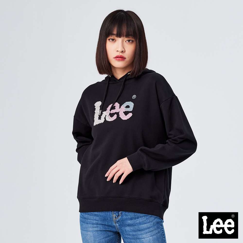 Lee 女款 彩色編織Logo連帽大學T/厚T 黑