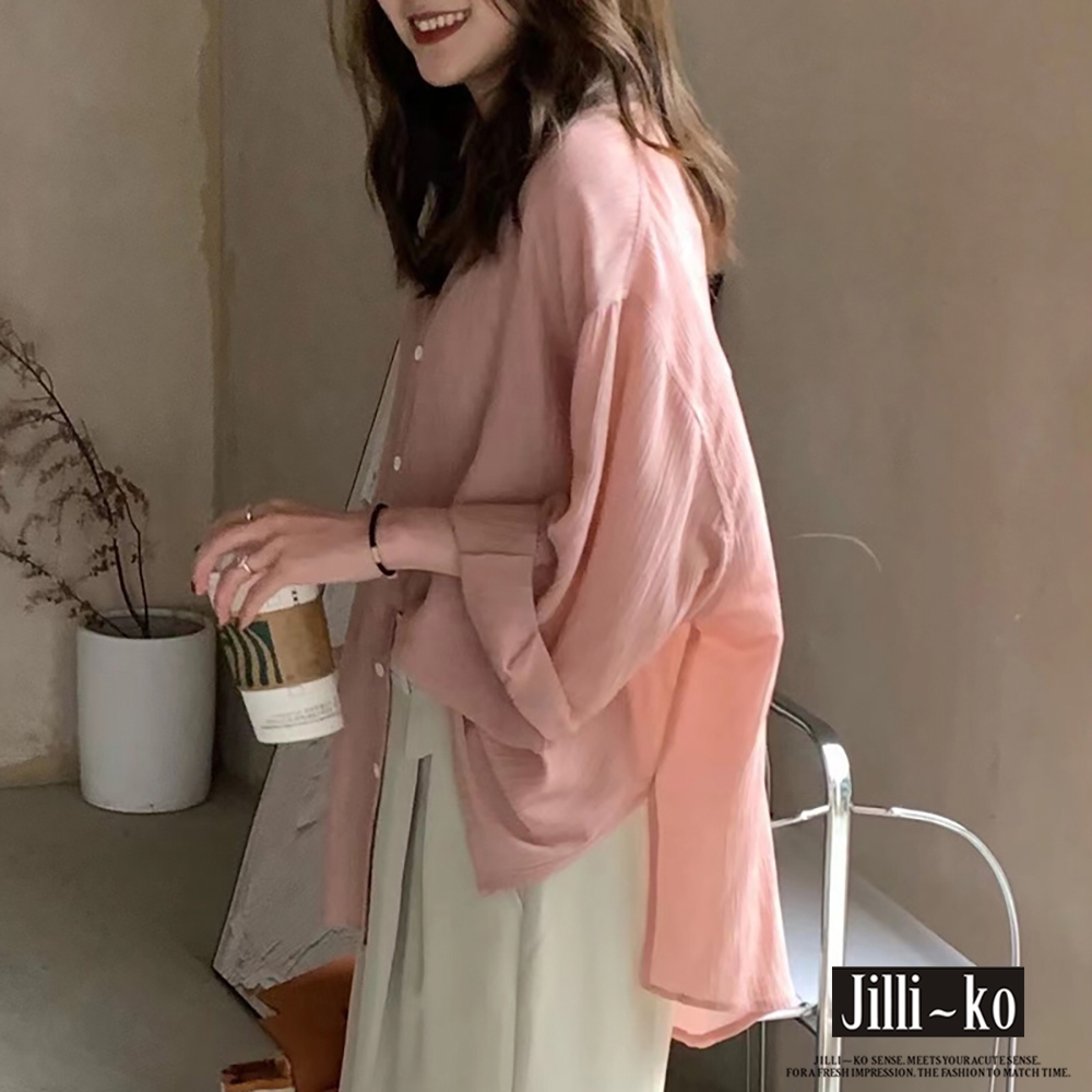 JILLI-KO 薄款慵懶寬鬆休閒紋理感防曬開扣襯衫- 粉紅