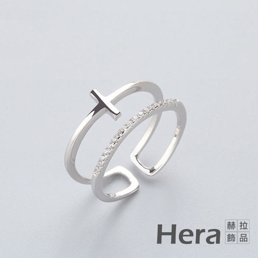 Hera 赫拉 韓款雙層鑲鑽十字架開口戒-2色#H100331I
