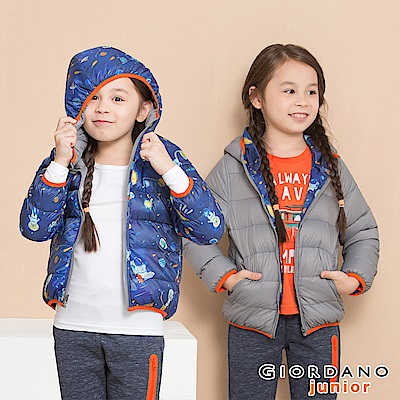 GIORDANO  童裝雙面穿塗鴉印花連帽輕羽絨外套-13 昏灰