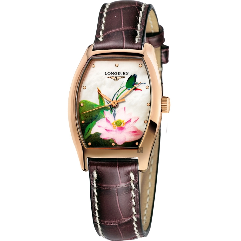 LONGINES 浪琴 官方授權 18K玫瑰金 限量百年好荷機械彩繪女錶-26x31mm L2.142.8.80.2