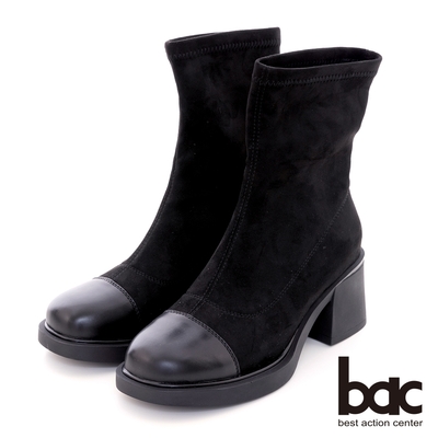 【bac】寬楦頭異材質拼接粗跟彈力短靴-黑