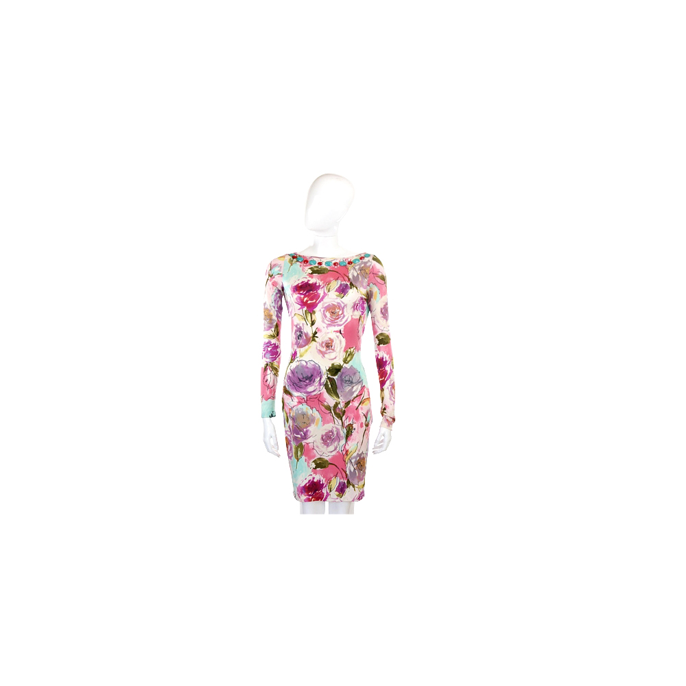 BLUGIRL 粉色花卉圖騰寶石設計長袖洋裝