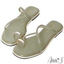 Ann’S小姐姐的夏日氣質-方頭金屬撞色顯瘦線條夾腳平底涼拖鞋-綠