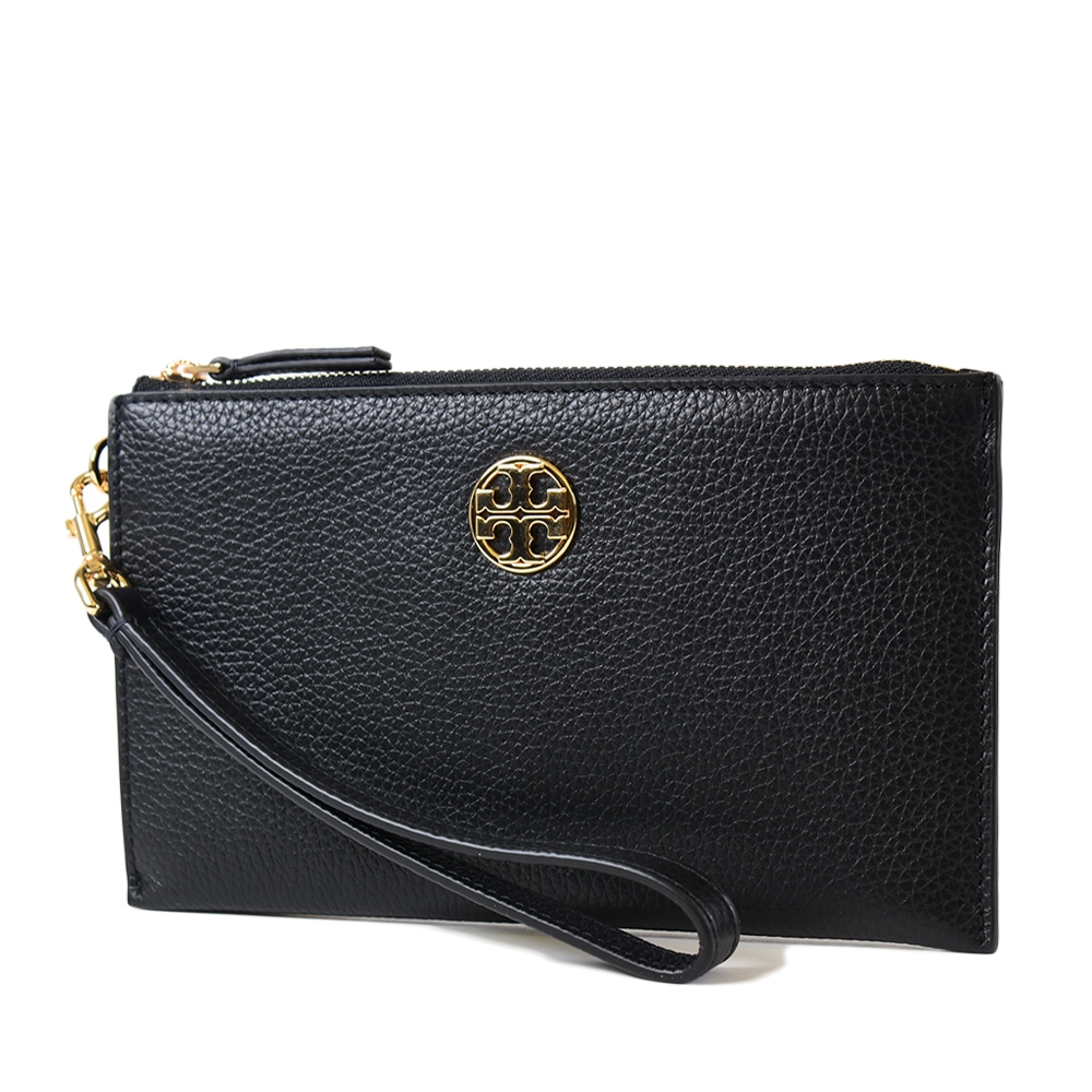 TORY BURCH 荔枝紋前釦拉鍊手掛式大手拿包-黑色