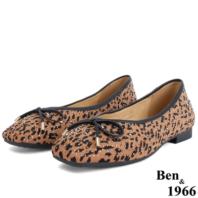 Ben&1966高級燙鑽布流行豹紋方頭包鞋-咖啡(226131)