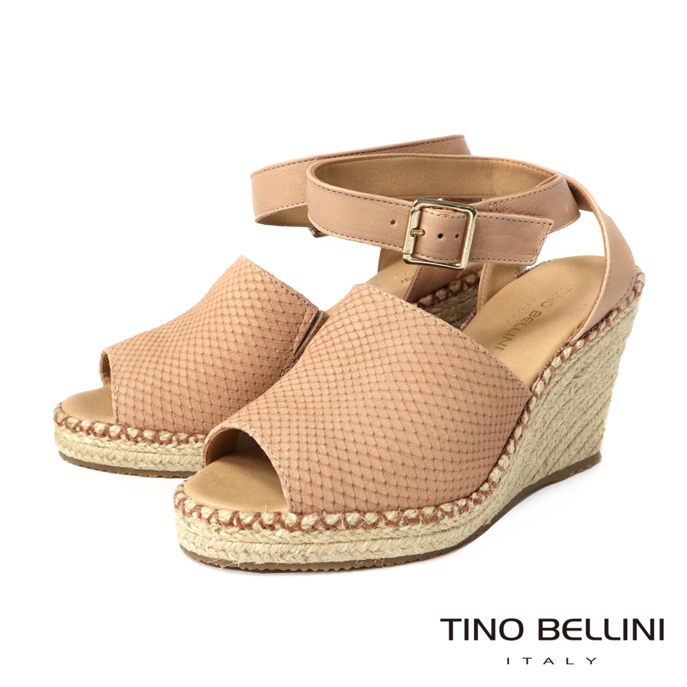 Tino Bellini 巴西進口粉嫩色調魚口繞踝麻邊楔型涼鞋-粉