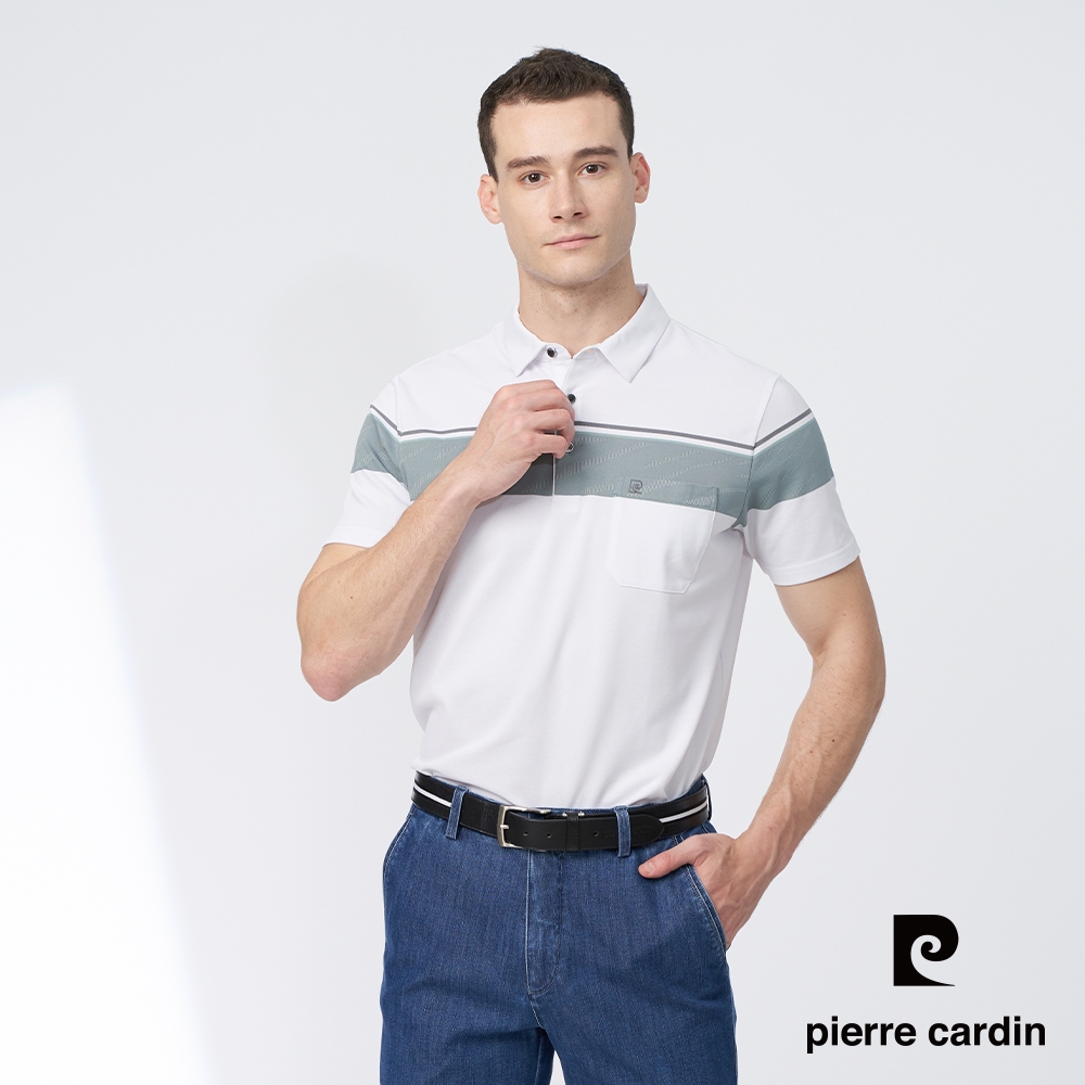 Pierre Cardin皮爾卡登 男裝 定位橫條短袖POLO衫-白色(5247263-90)