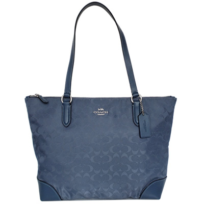 COACH單寧藍C Logo尼龍真皮壓底肩背托特包