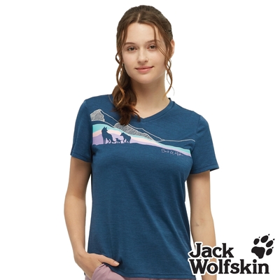 【Jack wolfskin 飛狼】女 V領印花短袖排汗衣 狼家族概念T恤『海軍藍』