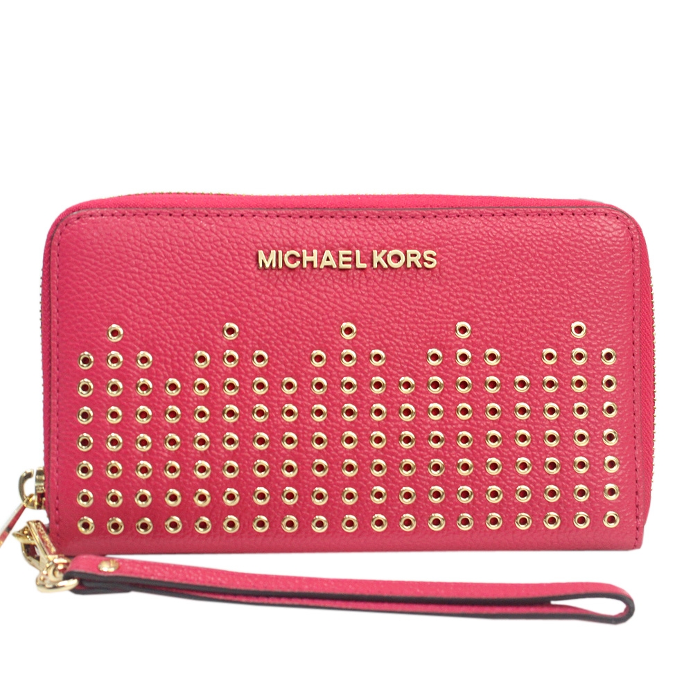 Michael Kors  金屬字母LOGO鉚釘皮革拉鍊長夾-可手掛(桃紅)