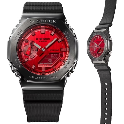 CASIO卡西歐 G-SHOCK 金屬錶殼 八角形雙顯錶 GM-2100B-4A 紅色