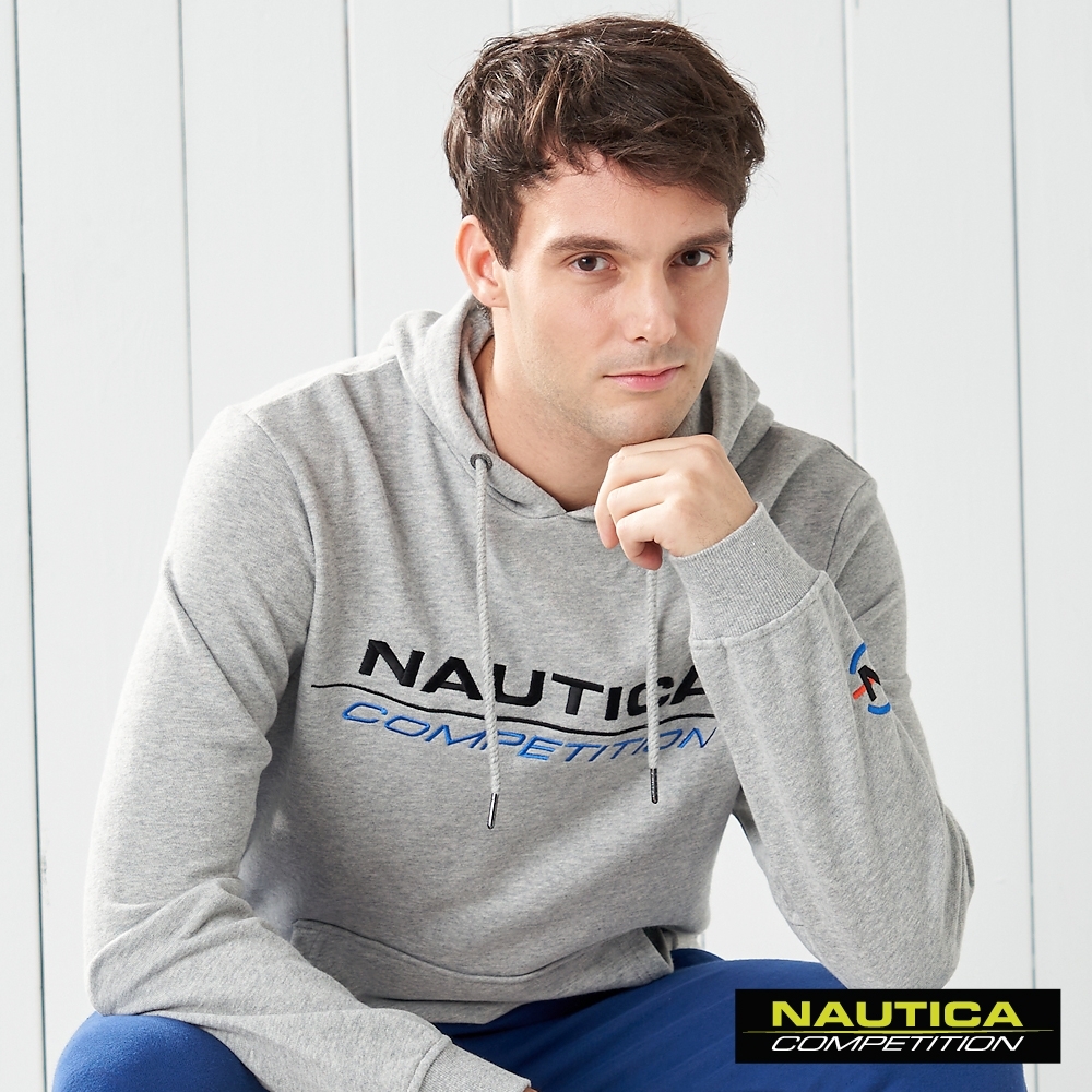 Nautica COMPETITION素面撞色LOGO連帽長袖T恤-灰色