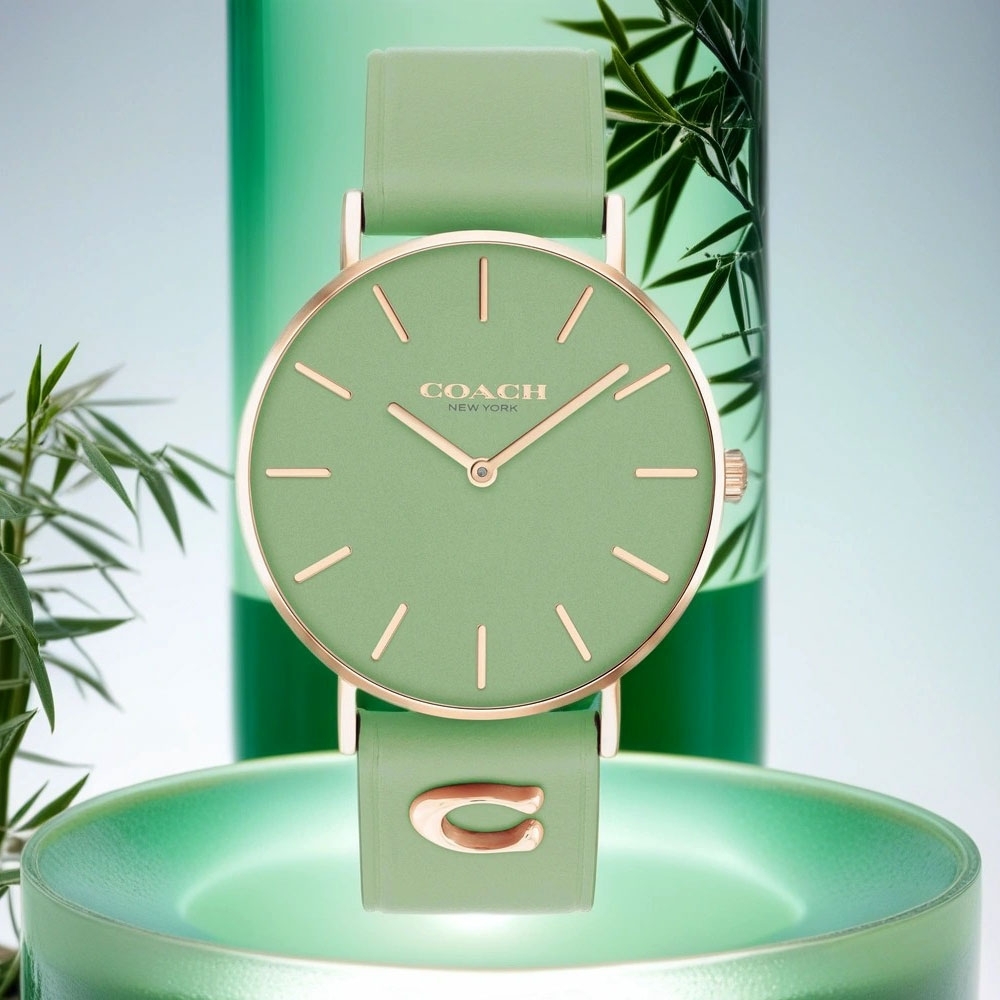 COACH Perry 品牌C字皮錶帶女錶 母親節送禮-玫瑰金x萊姆綠 CO14503921