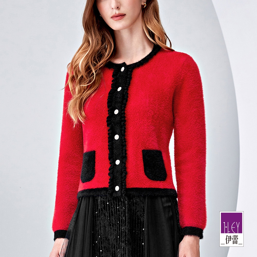 ILEY伊蕾 毛絨絨針織珍珠荷葉開襟外套(紅色；M-XL)1234465201