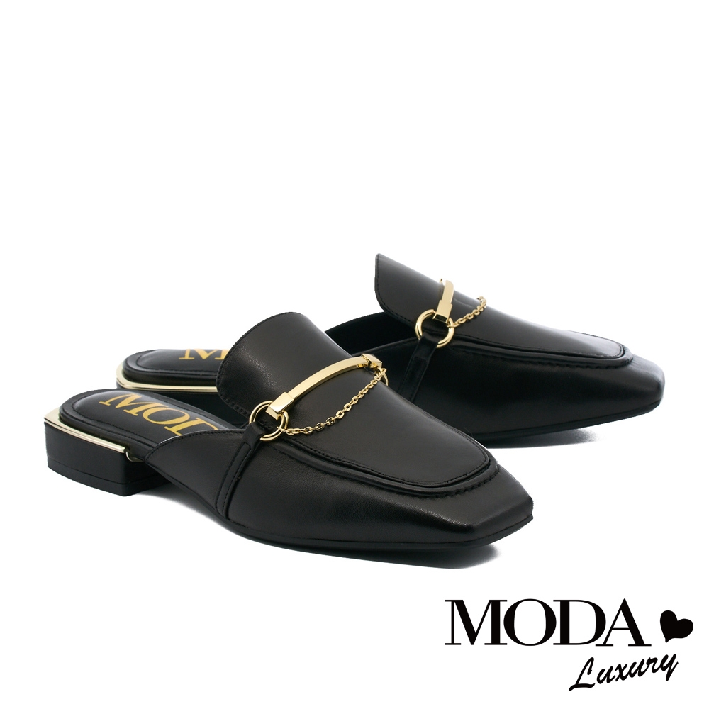 穆勒鞋 MODA Luxury 純色羊皮金屬鏈方頭低跟穆勒拖鞋－黑