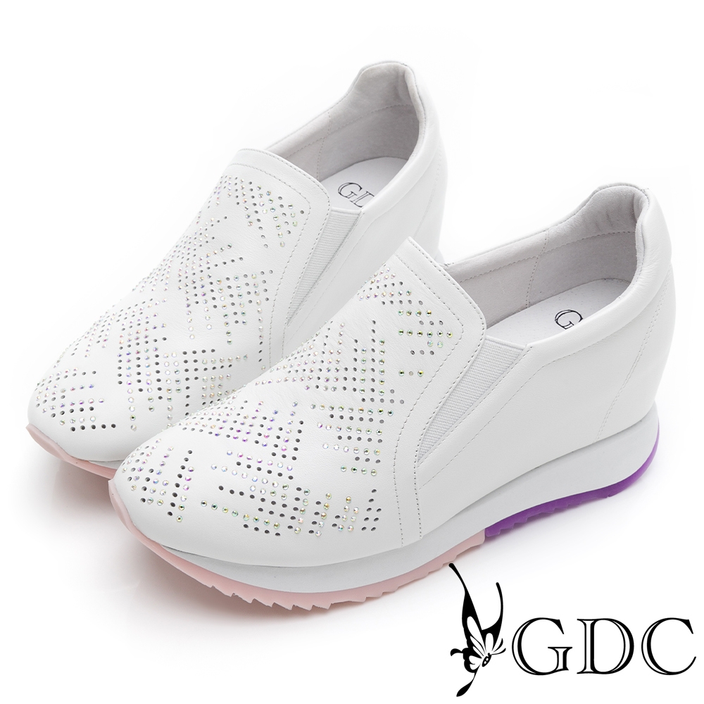GDC-流星滿貫水鑽真皮沖孔厚底增高休閒鞋-白色 product image 1